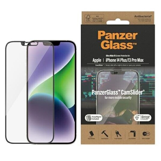 PanzerGlass CamSlider - Skjermbeskyttelse for mobiltelefon - omslagskompatibel - glass - rammefarge svart - for Apple iPhone 13 Pro Max, 14 Plus