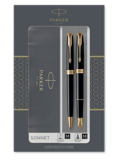 Parker Sonnet Duo Gift Set with Ballpoint Pen & Fountain Pen 18K Gold Nib | Gloss Black with Gold Trim | Black Refill & Cartridges Parker Sonnet Duo Gift Set with Ballpoint Pen & Fountain Pen 18K Gold Nib | Gloss Black with Gold Trim | Black Refill & Cartridges