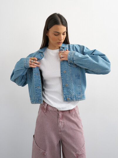 Topshop Evi Denim Cropped Jacket Denim XL