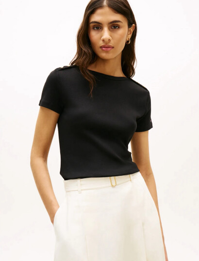 Tommy Hilfiger Gold Button Slim Ss Tee   Black   XXS