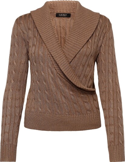 Lauren Ralph Lauren Cable Cotton Blend Shawl Collar Sweater Brown XS