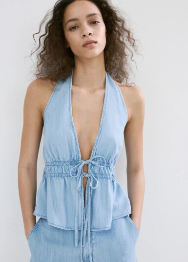 Mango V Neck Denim Top With Bow Blue S Mango V Neck Denim Top With Bow Blue S