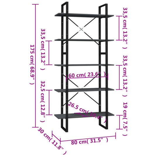 vidaXL Bokhylle 5 niv?er 80x30x175 cm furu gr?