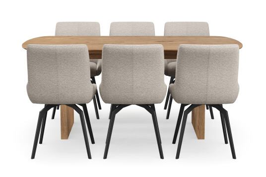 Bark Richeto Spisegruppe 180 cm med 6 Mora Snurrestoler Naturlig finish/Mørk beige