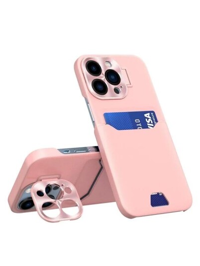 Hurtel Leather Stand Case for iPhone 14 Pro Max Card Wallet Cover with Stand Pink