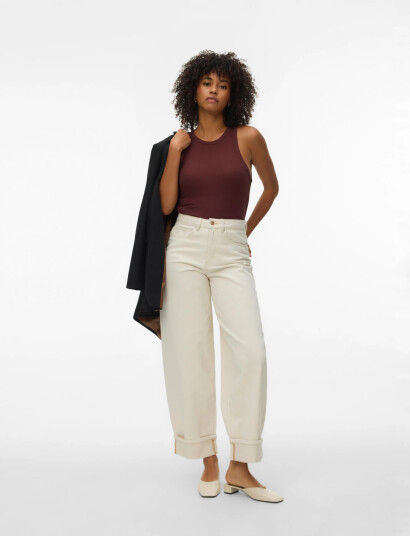 Vero Moda Vmzelda Hr Barrel Fold Up Ecru Jeans   Cream   30 x 34