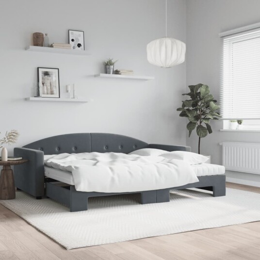  Uttrekkbar dagseng med madrass mørkegrå 90x190 cm fløyel