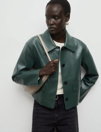 Mango Faux Leather Jacket With Pockets   Green   XS