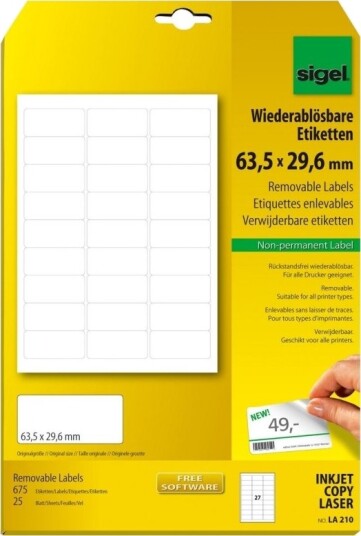 Sigel La210 Hvit Avrundet Rektangel Avtakbar 63,5 X 29,6 Mm A4 210X297 Mm Universal