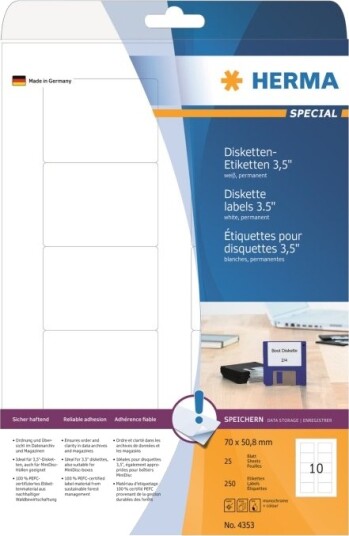 Herma Spesial Papir Matt Permanent Selvklebende Hvit 70 X 50,8 Mm 250 EtikettEr 25 Ark X 10 Diskettetiketter