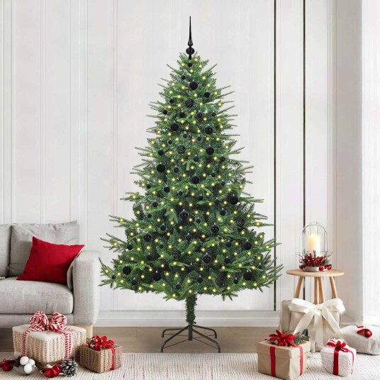 Kunstig forhåndsbelyst juletre med kule sett grønn 210 cm
