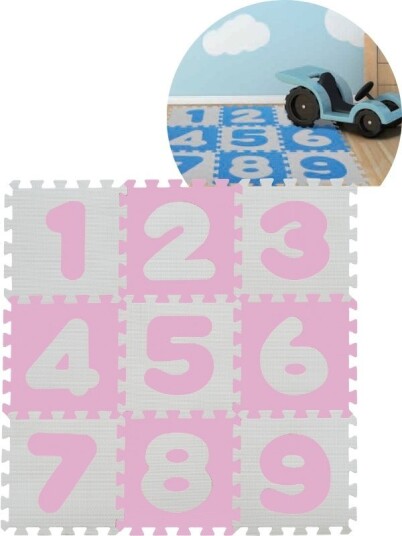 Tallene 1-9 rosa og hvit puslematte i skum totalt 86x86 cm