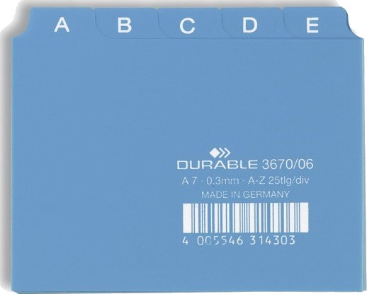 Durable 367006 Alfabetisk Faneindeks Pvc Blå A7 0.3 Mm 105 Mm Durable 367006 Alfabetisk Faneindeks Pvc Blå A7 0.3 Mm 105 Mm