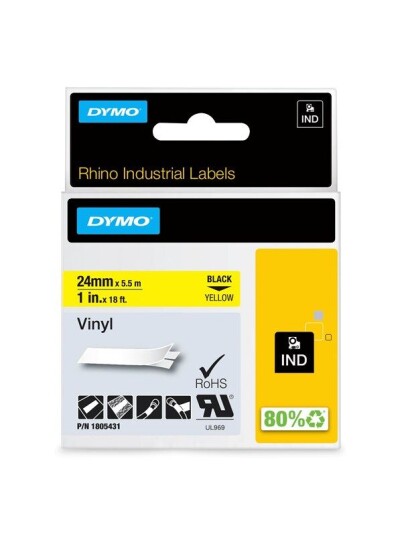 DYMO Rhino industri vinyl tape, 24 mm x 5.5 m rull, sort p gul, selvklebende DYMO Rhino industri vinyl tape, 24 mm x 5.5 m rull, sort p gul, selvklebende