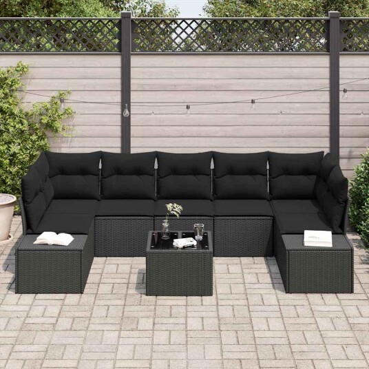 vidaXL Hagesofa Set med pute med lagring 8 pcs Svart polyrotting