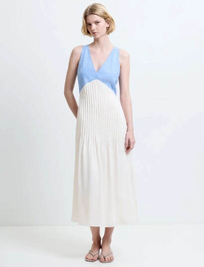 French Connection Colby Chambray Pleat Mix Dress Cream 38