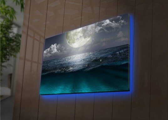 Lerretsbilde med LED belysning 45x70 cm Storslått måne over et stormfullt hav Mørk blå / Turkis / Grå