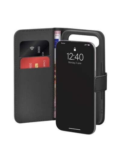 Puro Wallet Stand-etui til iPhone 17 Air i øko-lær med klaff og stativfunksjon - Svart