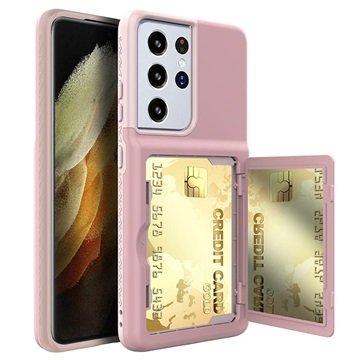 Samsung Galaxy S21 Ultra 5G Hybrid-deksel med Speil og Kortholder Rosa