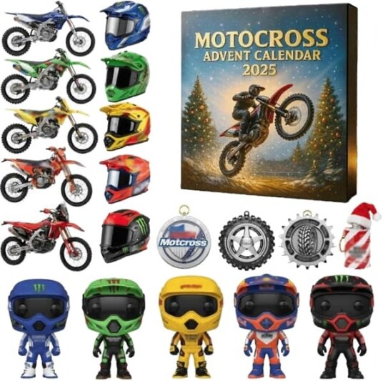 Motocross julekalender 2025 24 dagers nedtelling til jul med mini crossere 2D akryl motorsykkeldekorasjon til juletreet racerfigurer og mer