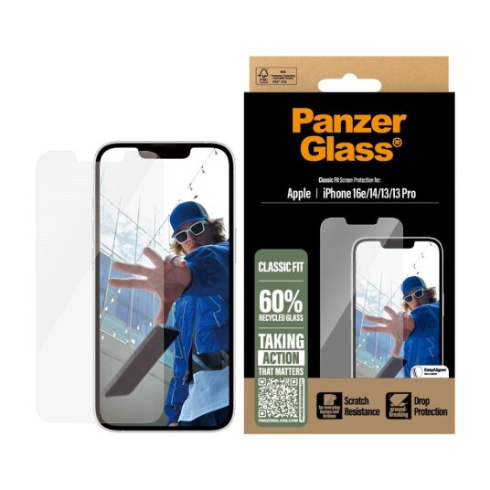 PanzerGlass Classic Fit Skjermbeskytter for iPhone 16e / 14 / 13 / 13 Pro med EasyAligner