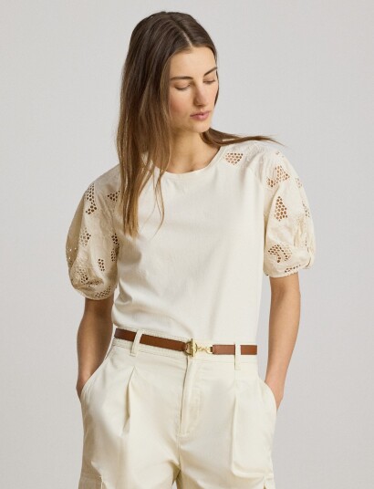 Lauren Ralph Lauren Eyelet Bubble Sleeve Cotton Top Cream XS