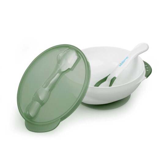 Kidsme Deep plate with suction cup and temperature spoon Green