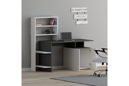 Skrivebord Melisin 146 cm med Oppbevaring Hyller+Skap Hvit/Antrasitt