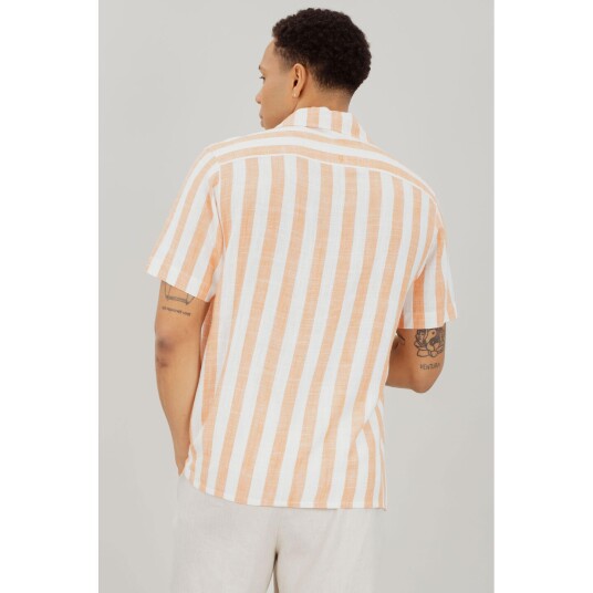 Folke SS Shirt Coral XL Striped linen SS shirt
