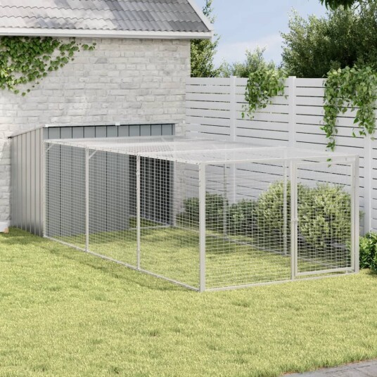  Hundehus Med Gård Antrasitt 153X396X110 cm Galvanisert Stål