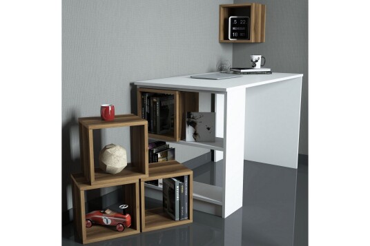 Skrivebord Amtorp 120 med Oppbevaring Hylle + Vegghylle Hvit/Brun/Eik