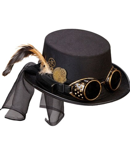 Svart Steampunk Flosshatt med Dekor og Bronsefarget Goggles Svart Steampunk Flosshatt med Dekor og Bronsefarget Goggles