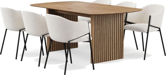 Richeto spisebord 180 cm med 6 Filip spisestoler - Naturlig finish / hvit bouclé