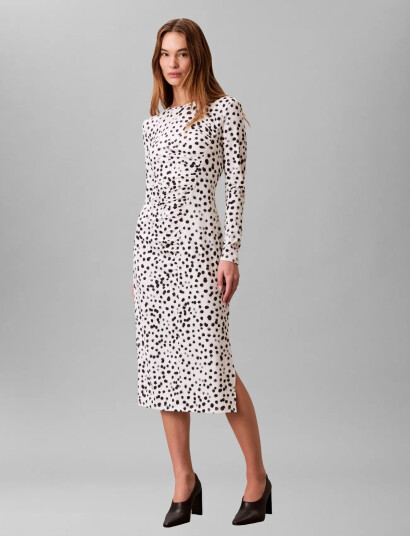 Calvin Klein Ls Ruched Assym Printed Midi Dre White XL Calvin Klein Ls Ruched Assym Printed Midi Dre White XL