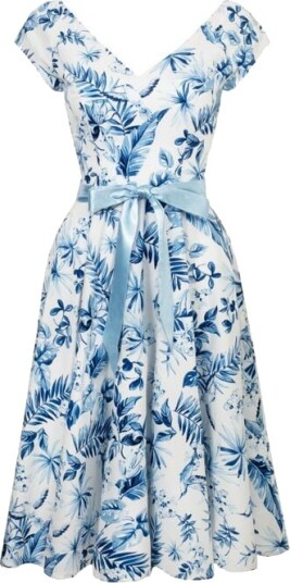 Hell Bunny Rockabilly Middellang kjole Amazilia Dress XS til XXL Damer blå hvit