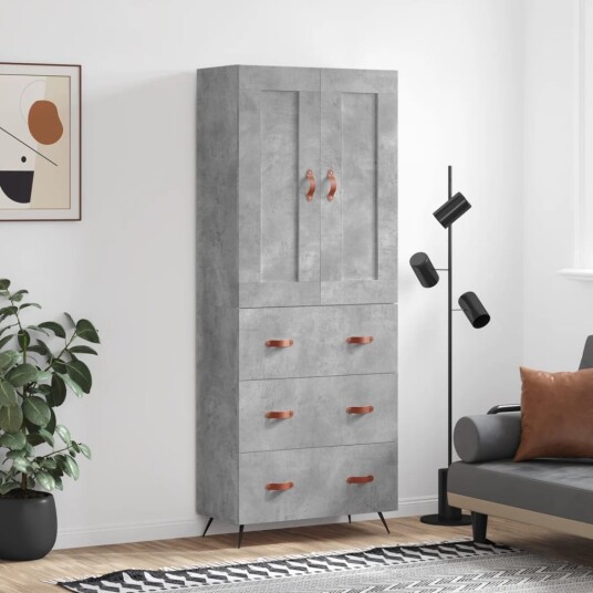 Highboard betonggrå 69,5x34x180 cm konstruert tre