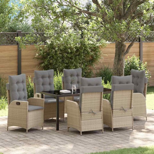 7-delt hage dining-set med puter beige polyrotting