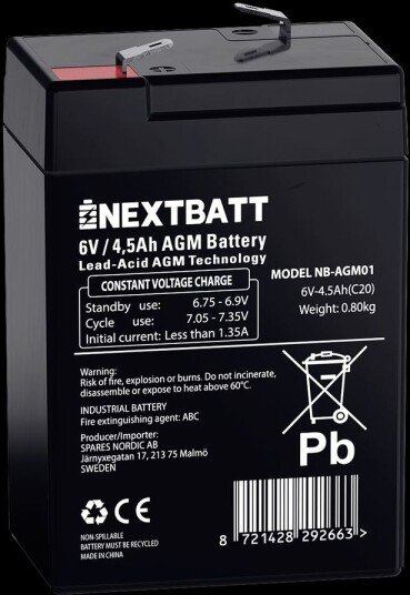 Nextbatt AGM-batteri 6v 4,5ah – 70x47x100 mm
