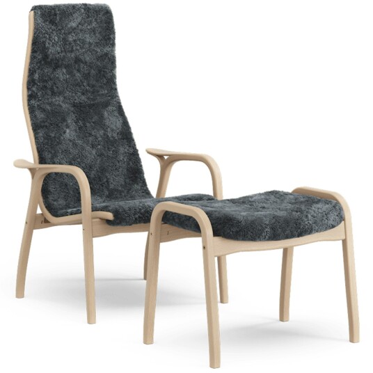 Swedese Lamino Lenestol med Fotskammel Saueskinn Charcoal / Lakkert Bøk