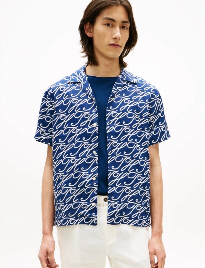 Tommy Hilfiger Linen Camp Collar Sslv Swimshop   Blue   XXL