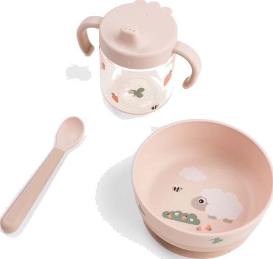 Done By Deer Foodie Weaning Set Tiny Farm Powder Pink Bowl: 12.5x H 5.5cm Cup: Ø7.5x H 11cm Spoon: 14cm