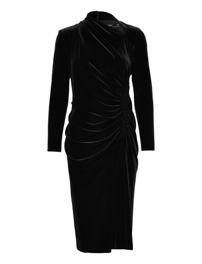 Lauren Ralph Lauren Ruched Velvet Asymmetrical Dress   Black   38