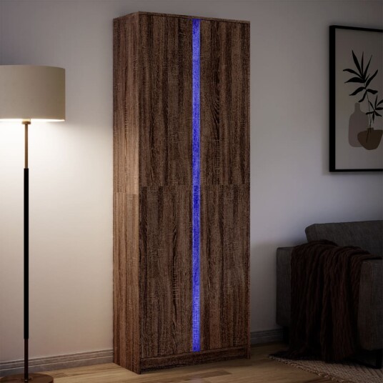 Garderobe med LED brun eik 74x32,5x200 cm konstruert tre