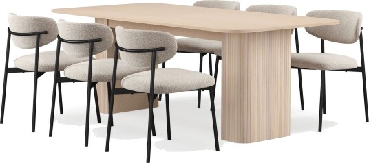 Kopparbo Spisebord 200-260 cm Uttrekkbart med ileggsplate med 6 Lucy Spisestoler - Hvit / Greige Bouclé / Metallben Svart