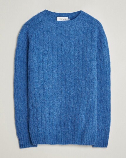 Harley Of Scotland Brushed Supersoft Lambswool Cable Cobalt