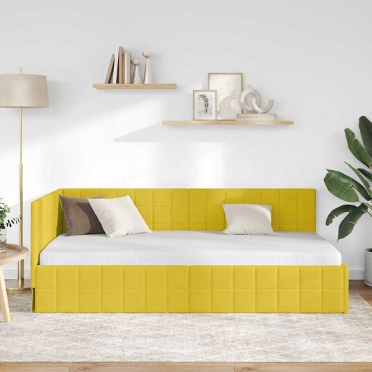 Hjørnesengramme med hodegjerde Gul 90 x 190 cm Fløyel Hjørnesengramme med hodegjerde Gul 90 x 190 cm Fløyel