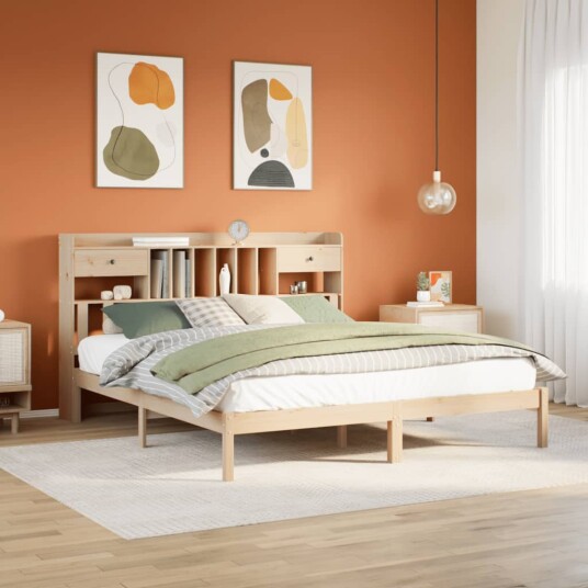 Seng med bokhylle uten madrass 180x200 cm heltre furu 8721158604194