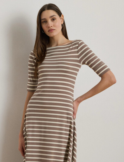 Lauren Ralph Lauren Striped Stretch Cotton Midi Dress - Beige - S