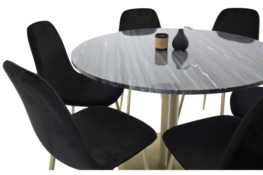 Venture Home Estelle Spisegruppe 106 cm Rund med 6 Polar Stoler Sort/Guld
