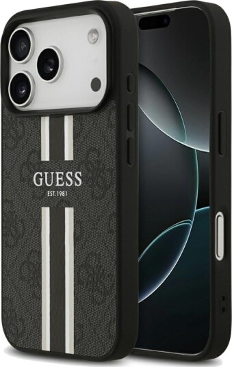 Guess 4G MagSafe etui til iPhone 17 Pro med trykte striper - svart